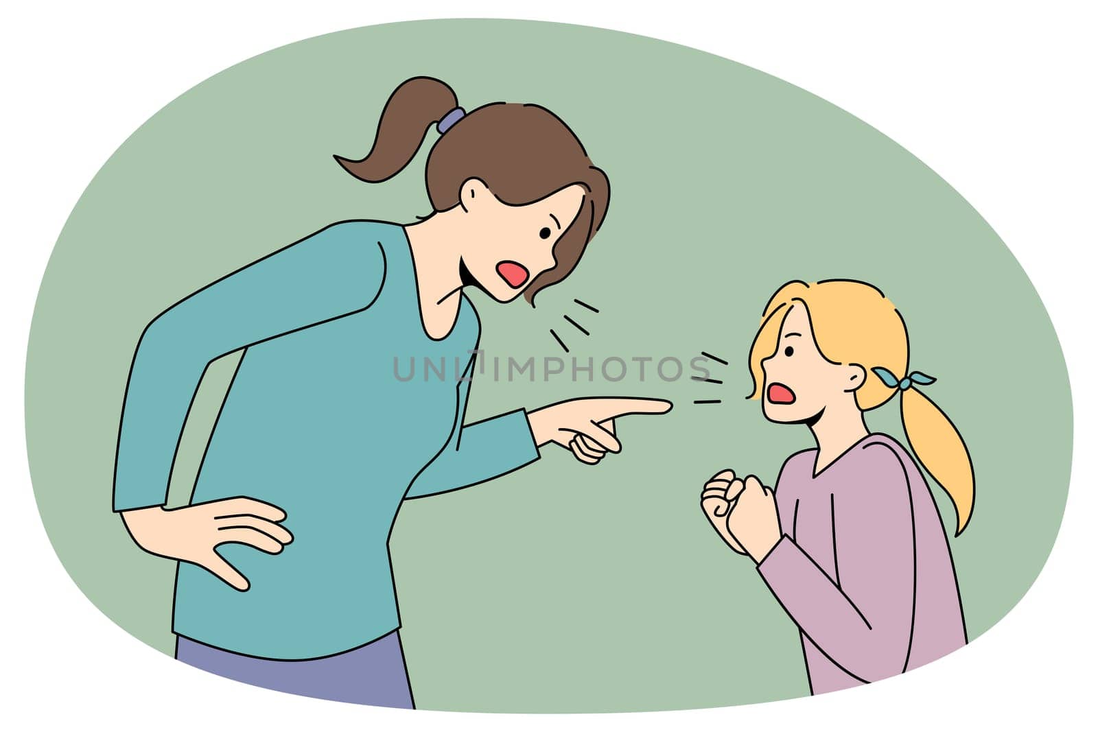 Angry authoritarian mom and naughty small daughter scream fight. Mad mother lecture scold ill-behaved girl child, shouting and yelling. Domestic violence concept. Vector illustration.