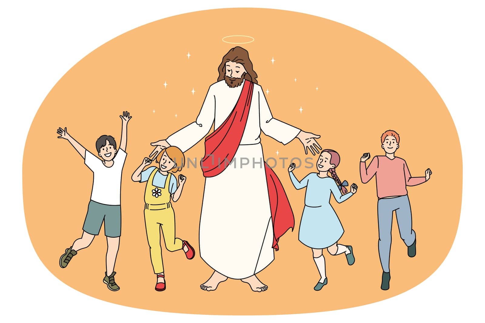 Smiling little kids dancing around Jesus Christ feeling joyful and excited. Jesus share love and care communicate with small children. Faith and religion. Flat vector illustration.