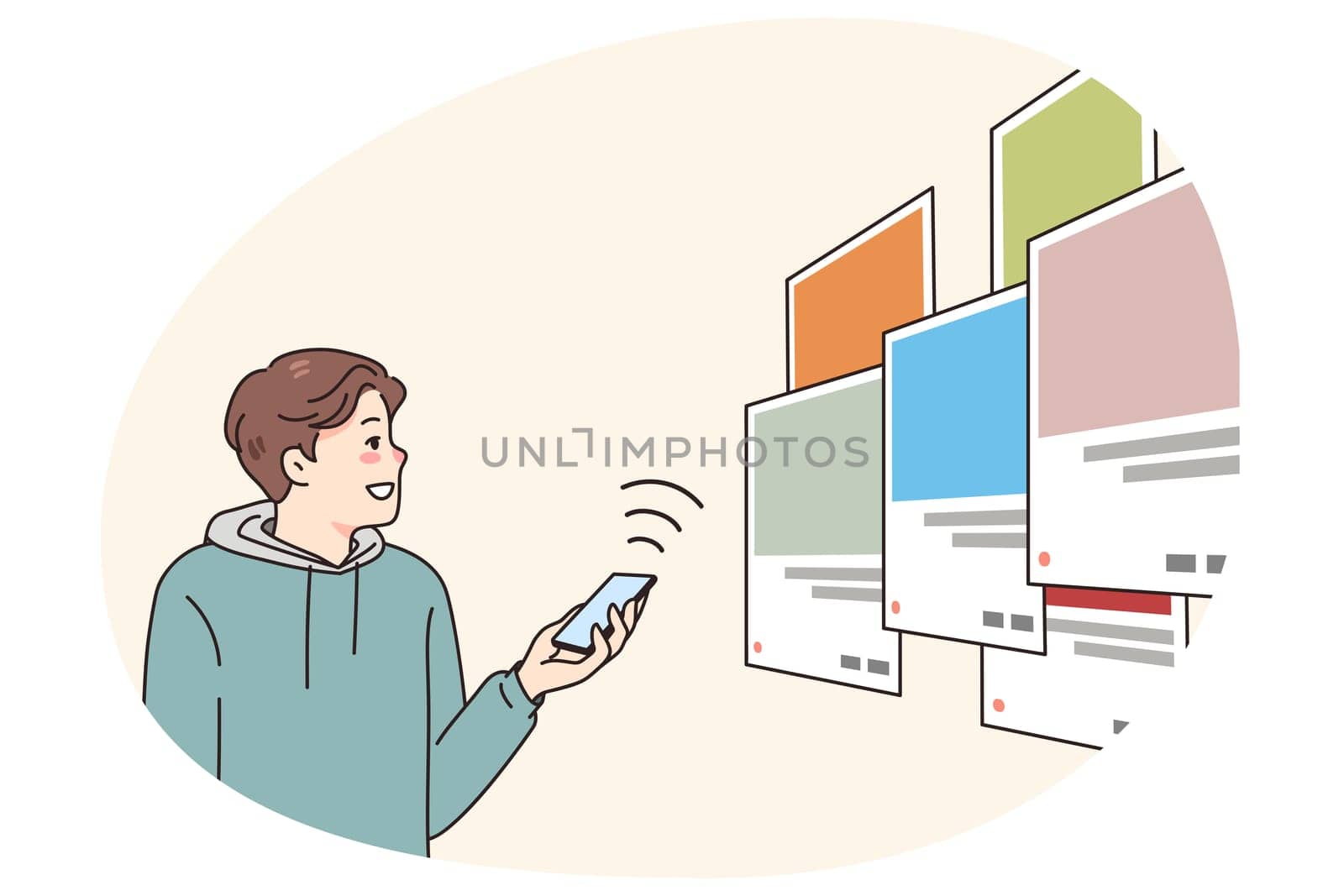 Male developer create web application develop creative interface. Man programmer work with mobile app for program software optimization. Programming and coding. Vector illustration.