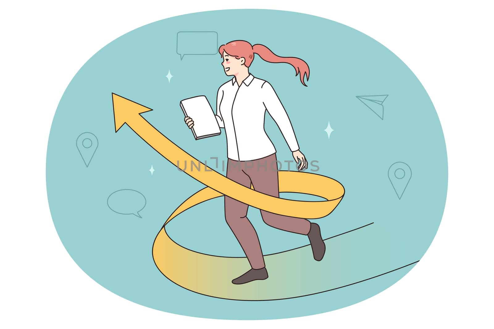 Motivated businesswoman run on arrow strive to business or career goal. Happy female employee or worker motivated for job opportunities. Business development and growth. Vector illustration.