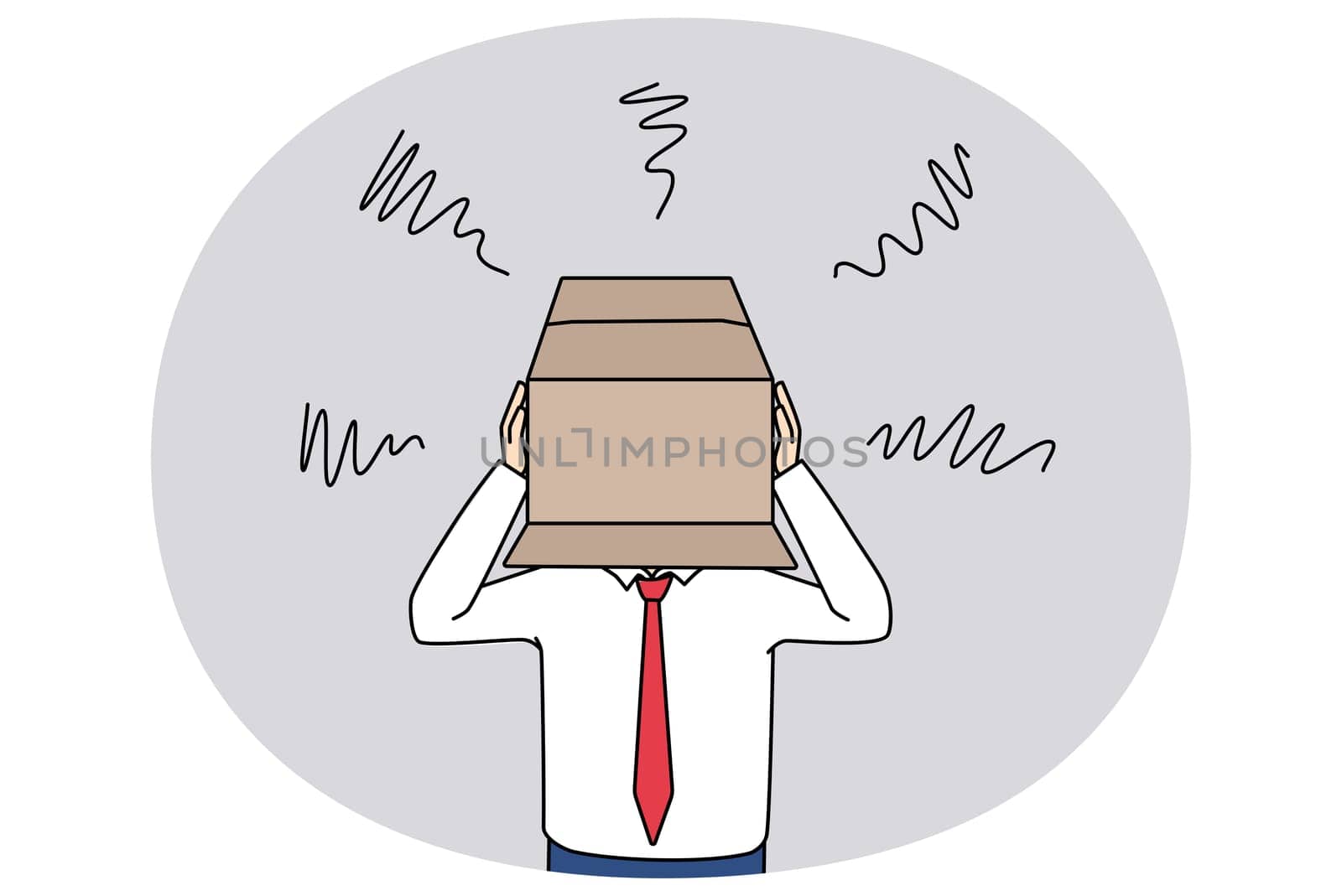 Unhappy businessman hide head in box feel ashamed of people or society struggle with business failure or loss. Distressed man experience bankruptcy or mistake hiding. Vector illustration.