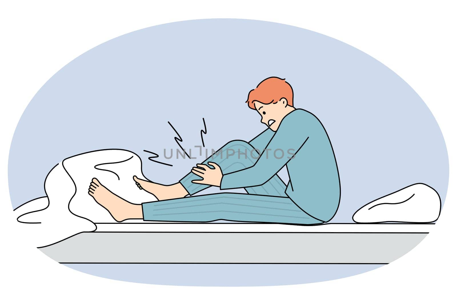 Man wake up at night suffer from cramp massage leg. Unhealthy unwell guy awaken in bed struggle with sudden muscle strain or spasm at home. Healthcare concept. Vector illustration.