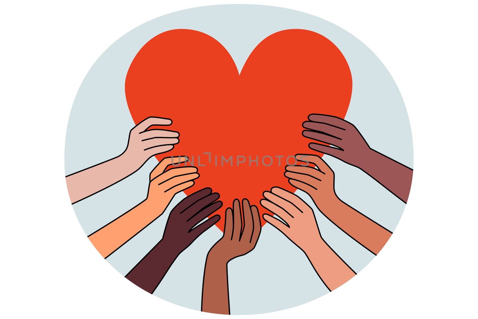 Diverse people hands hold huge heart show care and love to society. Multiracial persons involved in charity or volunteer work help those in need. Global support and aid. Vector illustration.