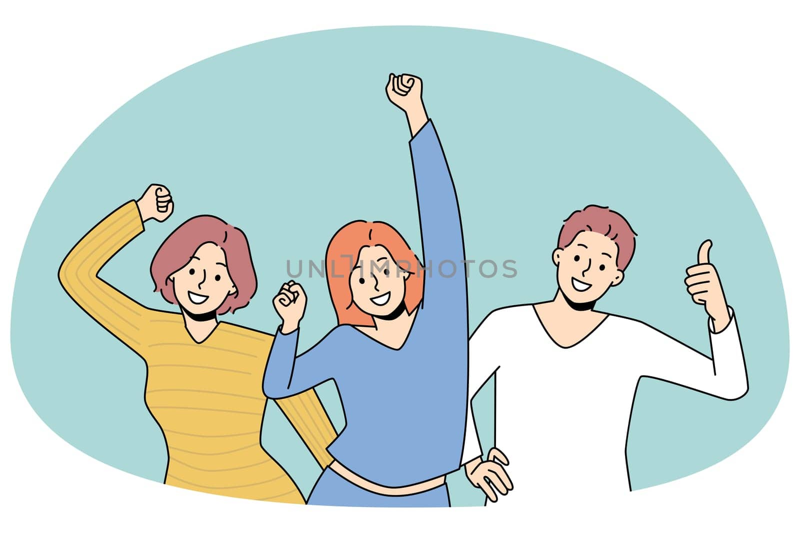 Happy diverse young people feel joyful dancing relaxing together. Smiling millennial friends have fun enjoy party or celebration laughing and joking. Flat vector illustration, cartoon character.
