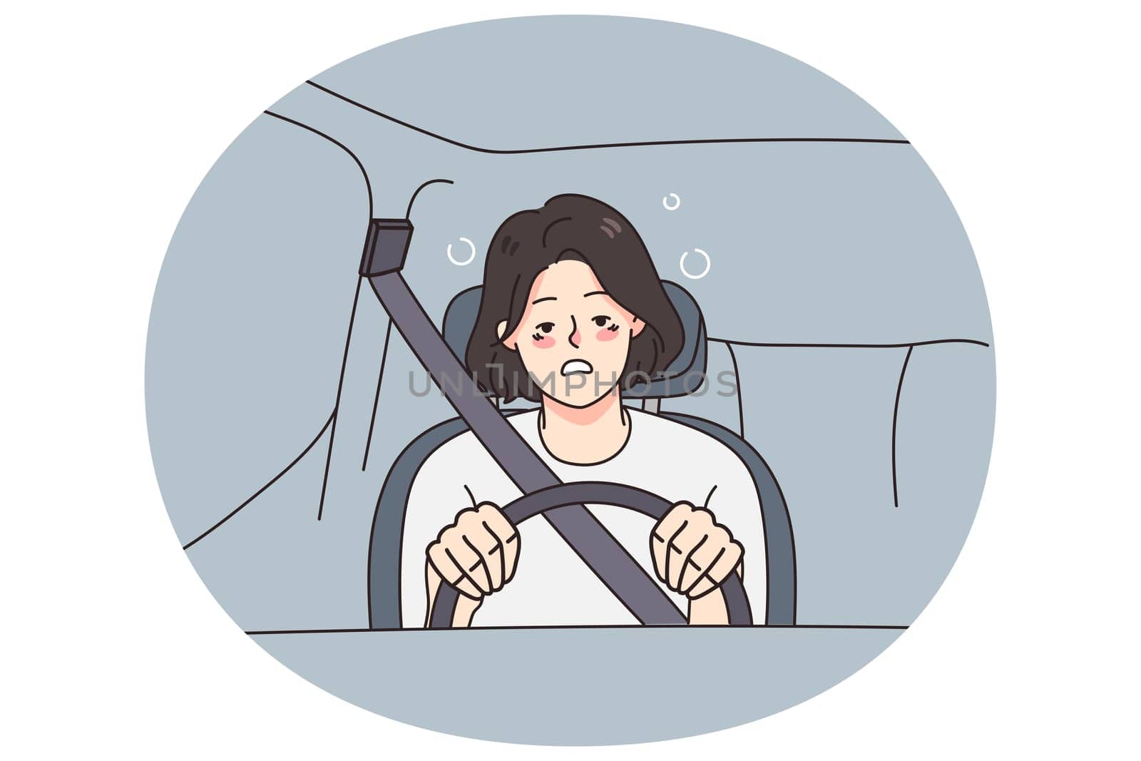 Tired young woman driving car feeling unwell suffer from health problems. Exhausted female driver struggle with depression or burnout, have physical or mental issues. Vector illustration.