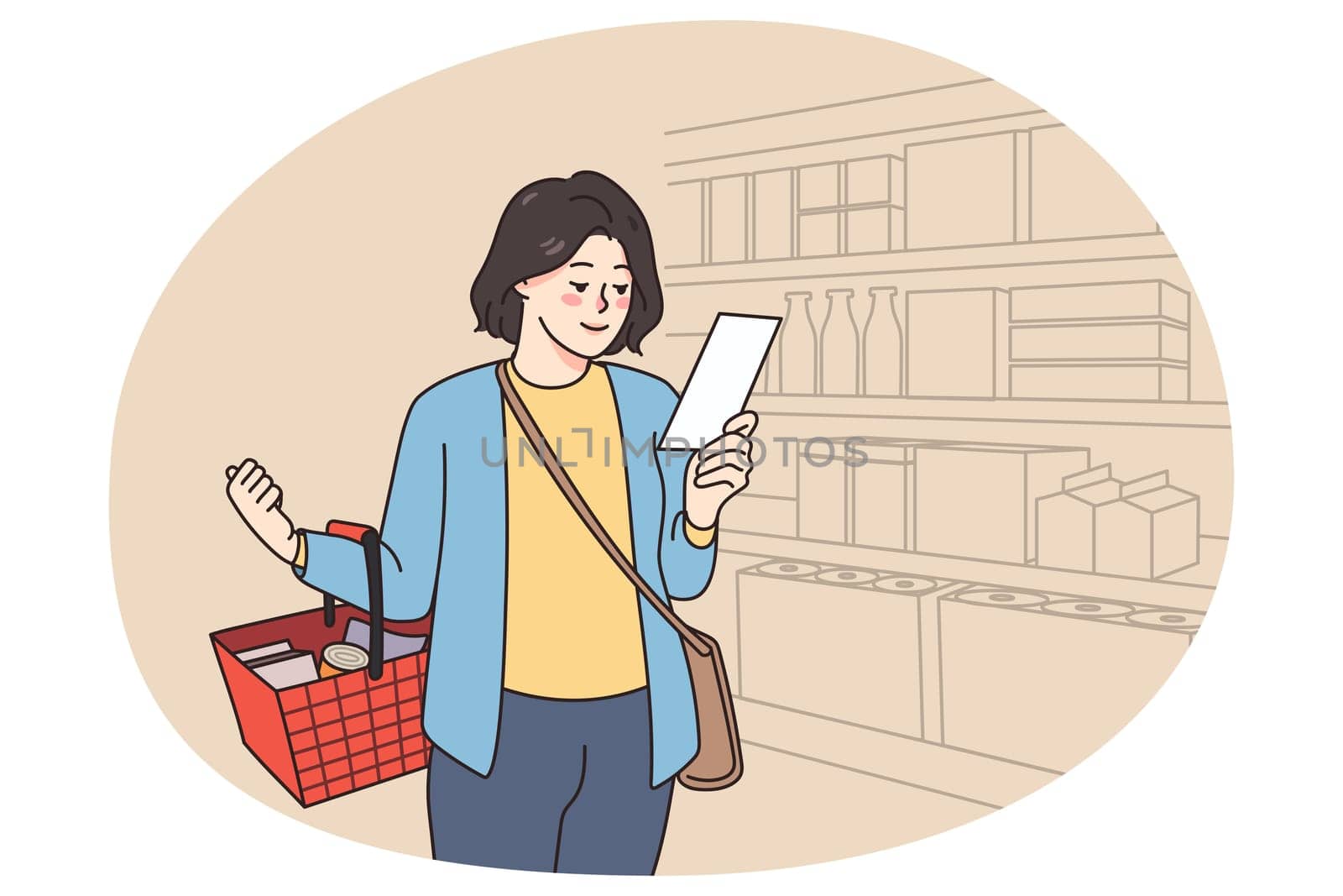 Woman client with shopping list hold basket buy products in supermarket. Smiling female customer purchase groceries in store according to planned listing. Retail and commerce. Vector illustration.