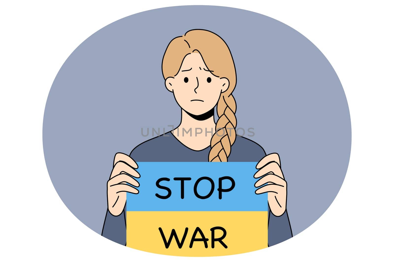 Sad young woman hold banner with Stop war text protest against Russian invasion to Ukraine. Unhappy girl activist support Ukrainian nation demand peace. Flat vector illustration.