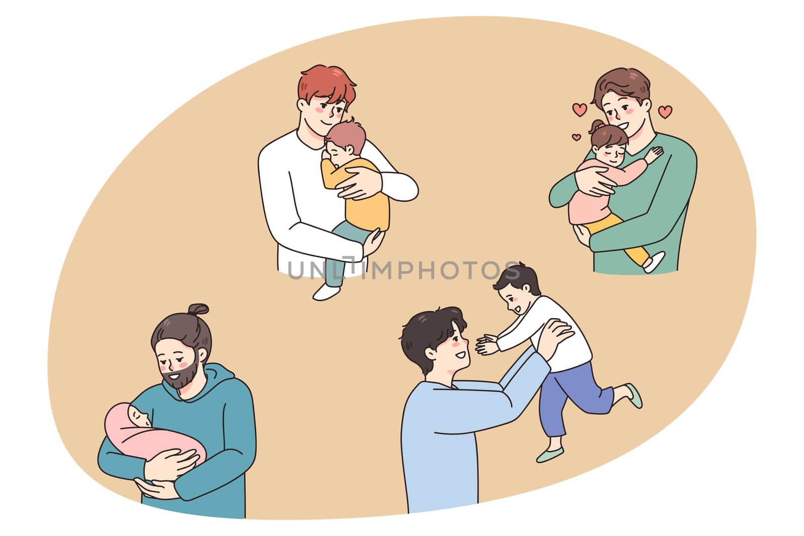 Set of happy young fathers hold in arms cuddle little kids show love and care. Collection of smiling single dads play relax with small children. Fatherhood and parenthood. Vector illustration.