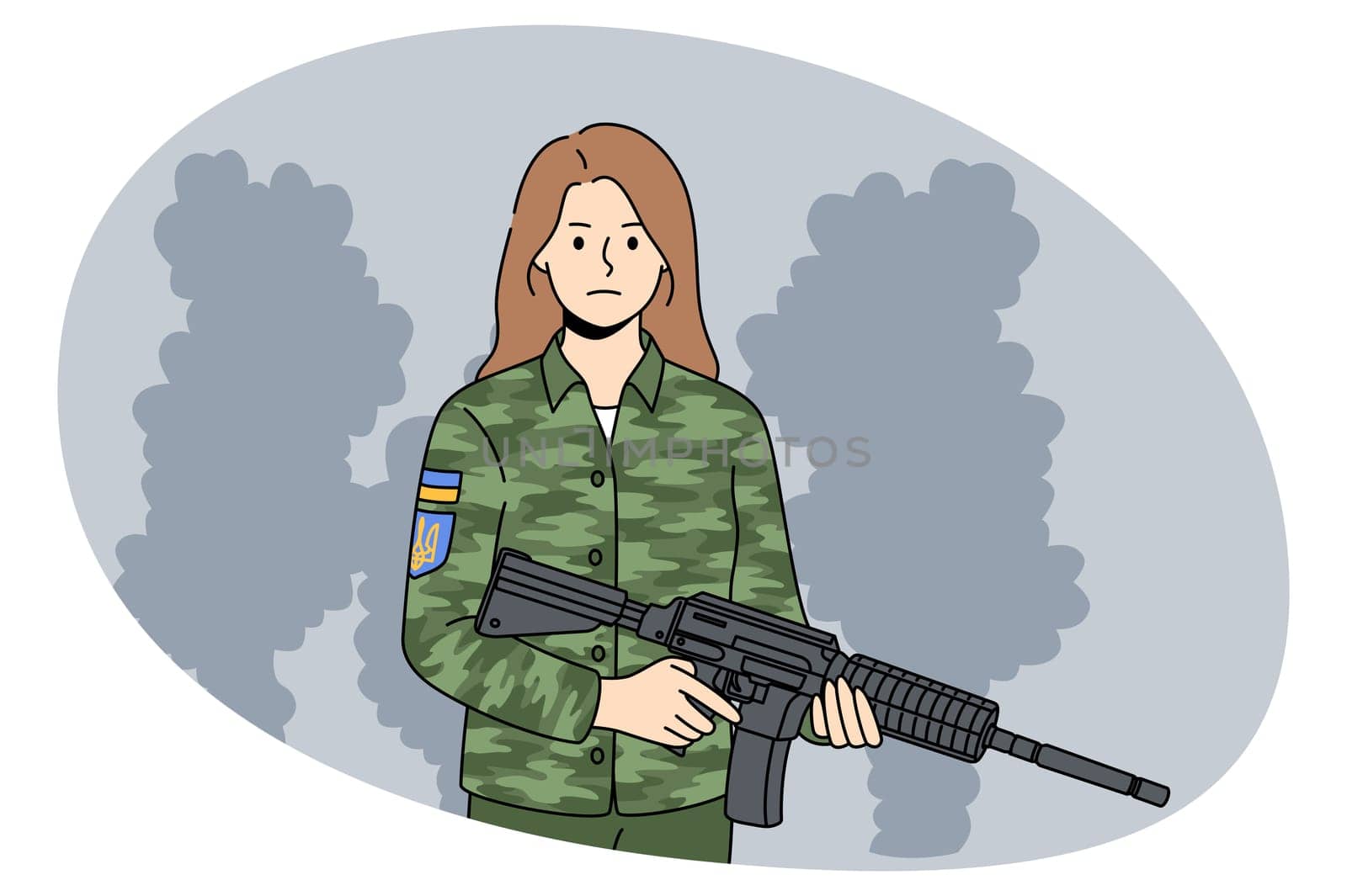Portrait of Ukrainian woman soldier in military uniform with gun fight on war for independence. Courageous female with rifle participate protect country in Ukraine Russia war. Vector illustration.