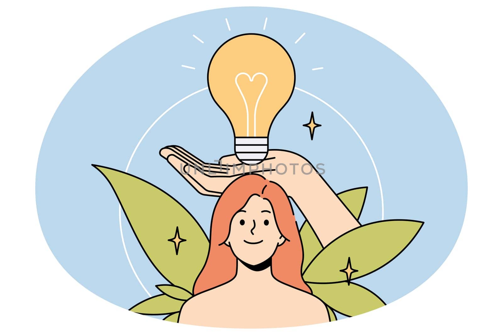 Huge hand holding lightbulb above smiling woman head. Happy female generate creative ideas brainstorm think over plans or thoughts. Visualization concept. Vector illustration.