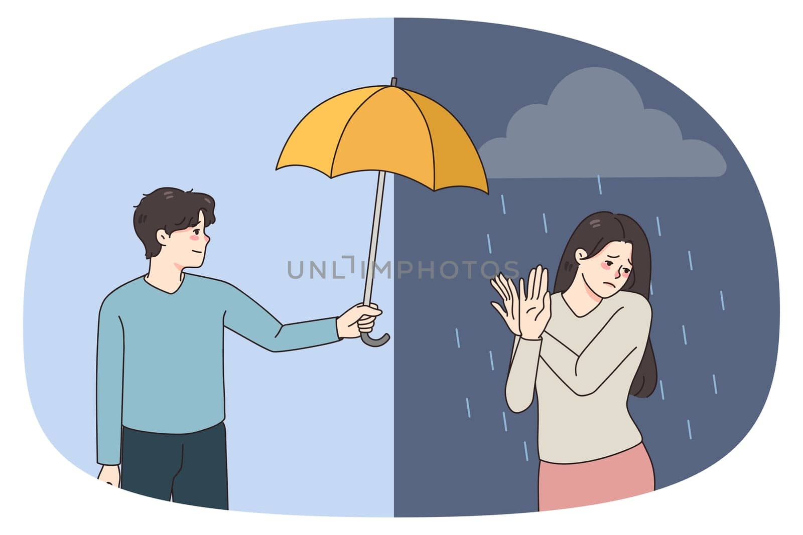 Depressed woman refuse from male friend help cover her with umbrella from rain. Unhappy girl suffer from depression reject aid or assistance. Psychological problem, pessimism. Vector illustration.