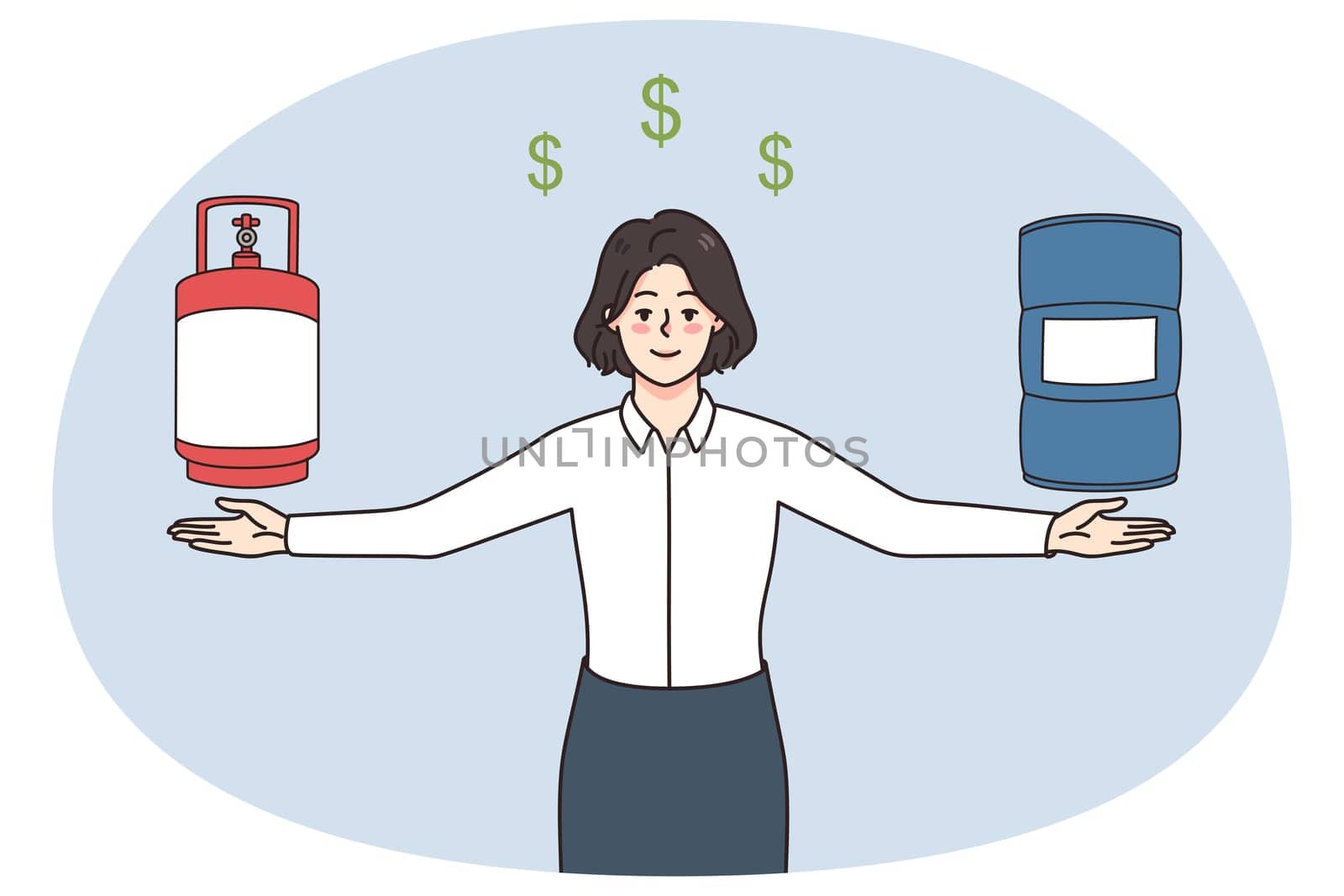 Smiling successful businesswoman sell oil and gas barrels to customer. Confident female employee compare natural resources prices. Fuel and petroleum concept. Vector illustration.
