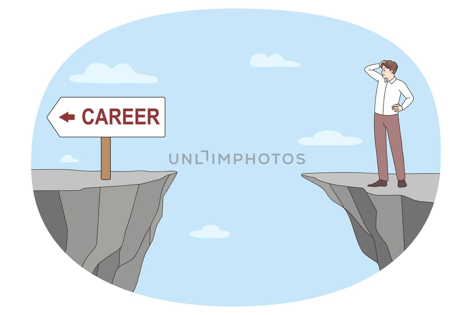 Confused businessman stand in front of cliff make risky business decision or choice. Frustrated man employee consider dangerous work plan, feel trouble and scared. Dilemma. Vector illustration.