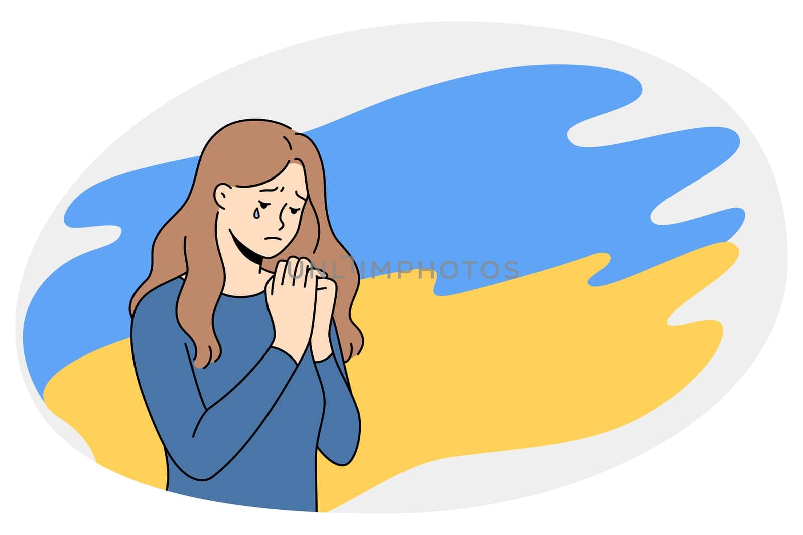 Unhappy girl on Ukraine flag background pray for saving lives of people in war. Upset young Ukrainian woman crying against war and Russian aggression. Fear and violence. Vector illustration.