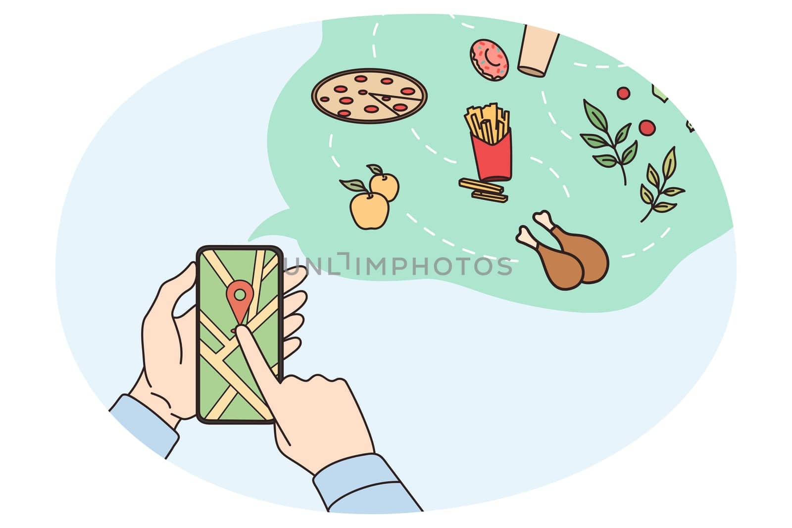 Person hold cellphone order food or products online on gadget. Man use smartphone for fast dish delivery from restaurant or cafe. Good deliver service on mobile app. Flat vector illustration.