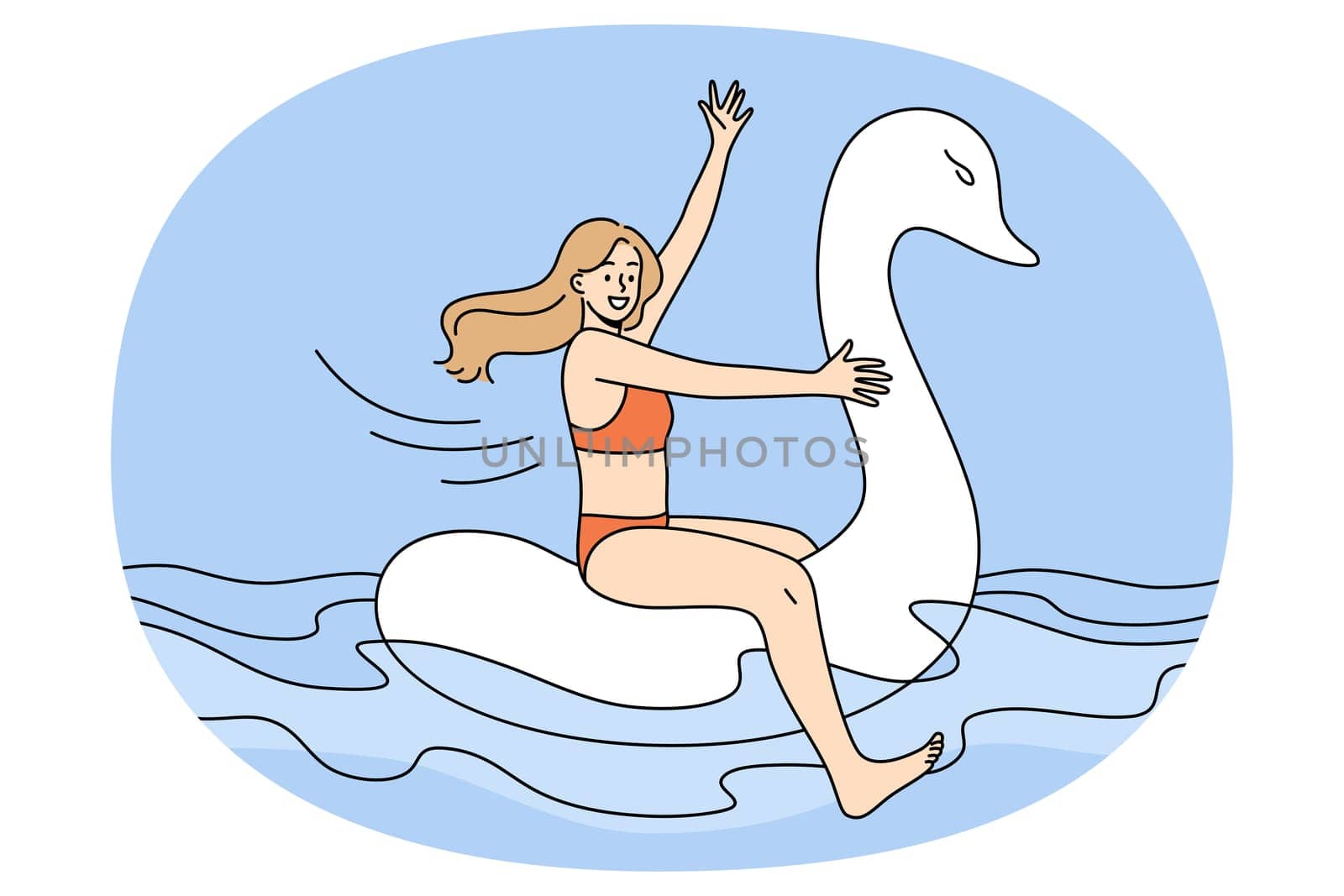 Funny happy girl in swimsuit floating on rubber swan in sea on summer vacation. Smiling young woman in bikini have fun swimming on inflatable ring on holidays. Vector illustration.