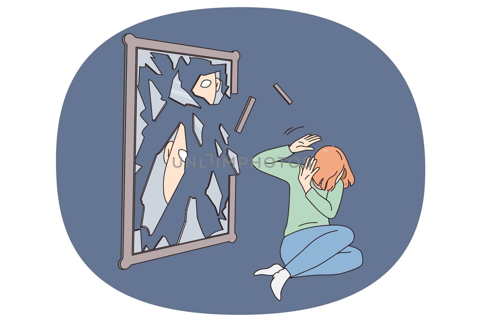 Unhappy young woman near broken mirror struggle with mental problem or depression. Upset girl suffer from psychological disorder or bullying. Inner conflict concept. Vector illustration.