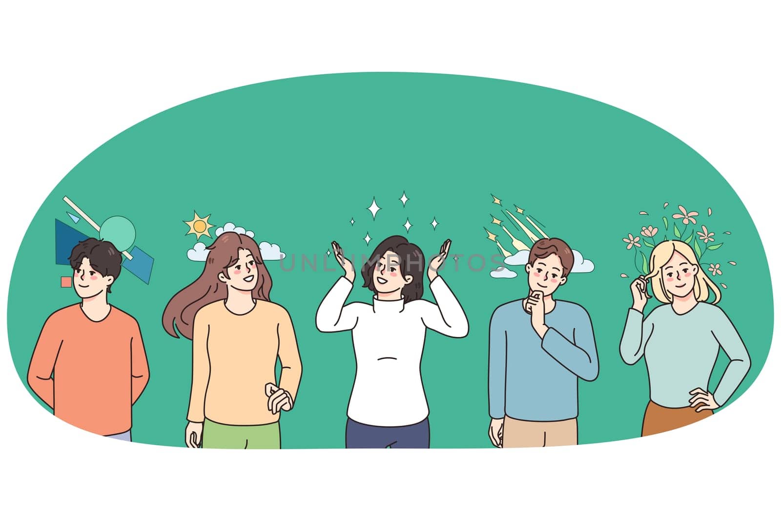 Diverse people with different thoughts and feelings in head. Men and women thinking, imagining and planning. Emotion and expressions in mind. Visualization. Vector illustration.