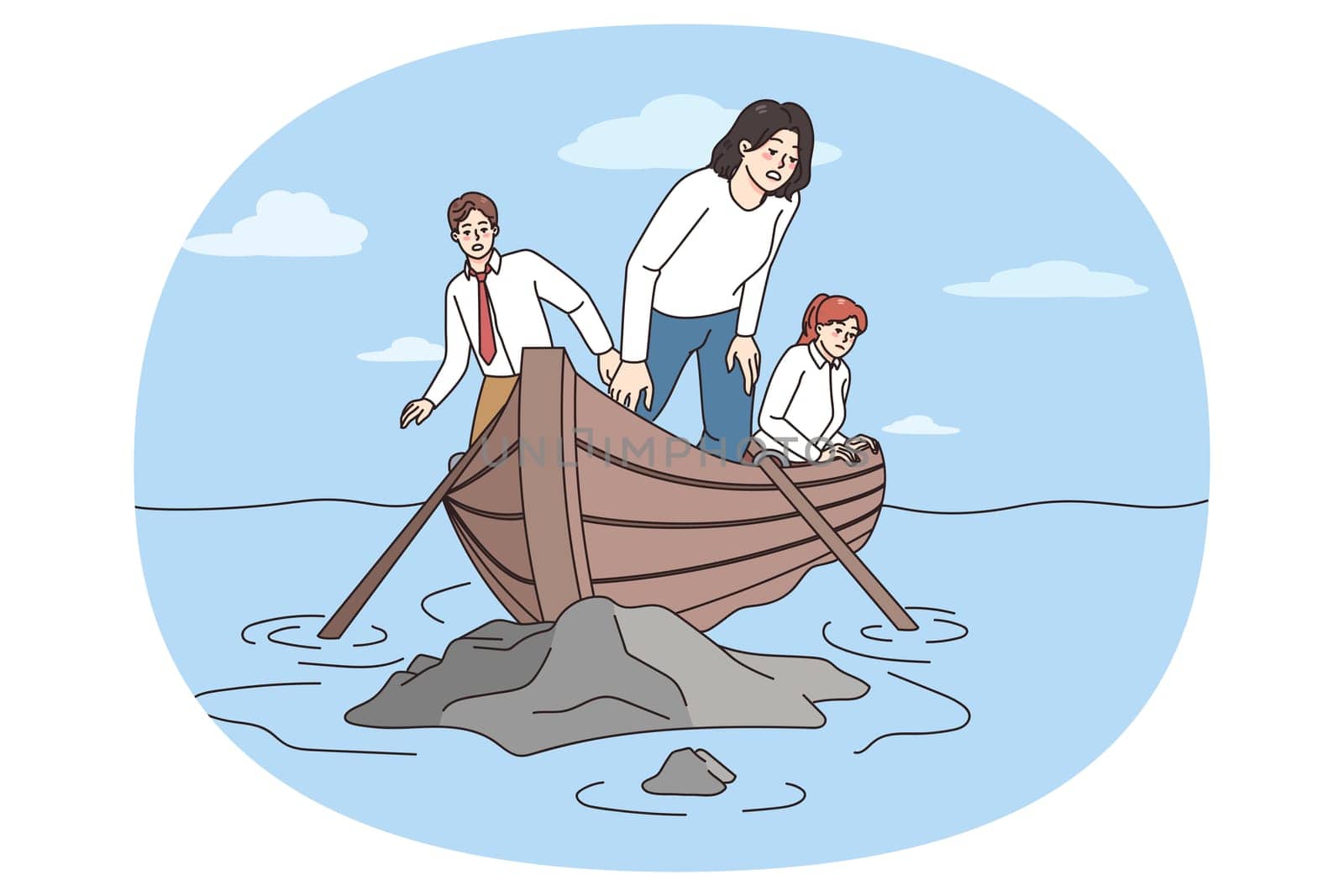 Team of employees in boat crash on rock in sea struggle with group difficulties or challenges. Businesspeople collide with problems at work. Business failure and teamwork. Vector illustration.
