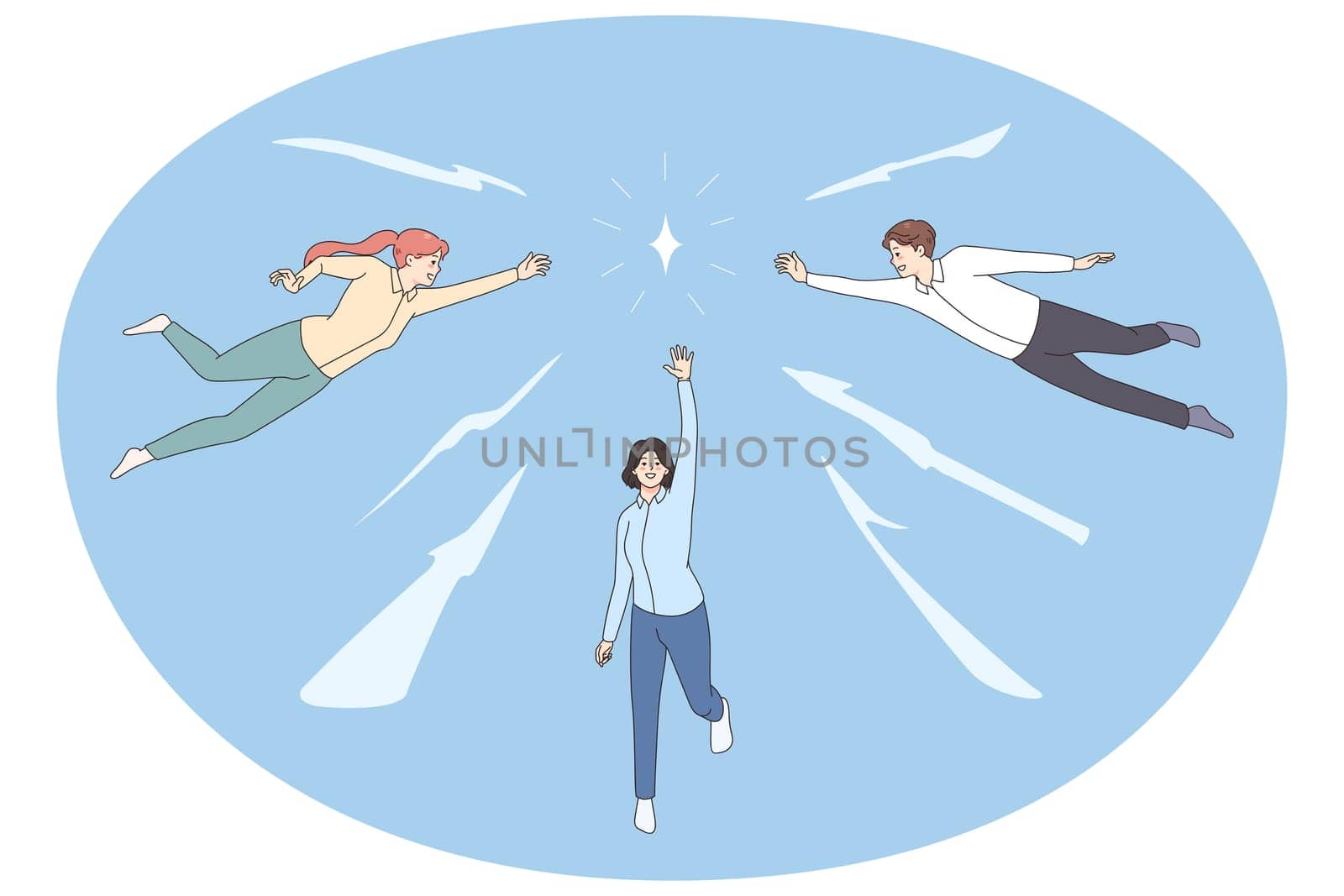 Diverse employees strive to reach control diamond, achieve career goals or aims. Concept of businesspeople teamwork for opportunities seizing and motivation. Flat vector illustration.