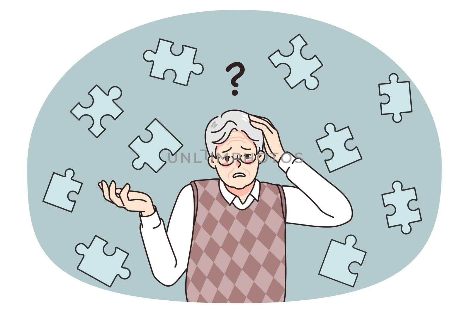 Frustrated old man suffer from dementia loss memory. Confused senior male struggle with Alzheimer disease. Elderly healthcare and medicine concept. Flat vector illustration.