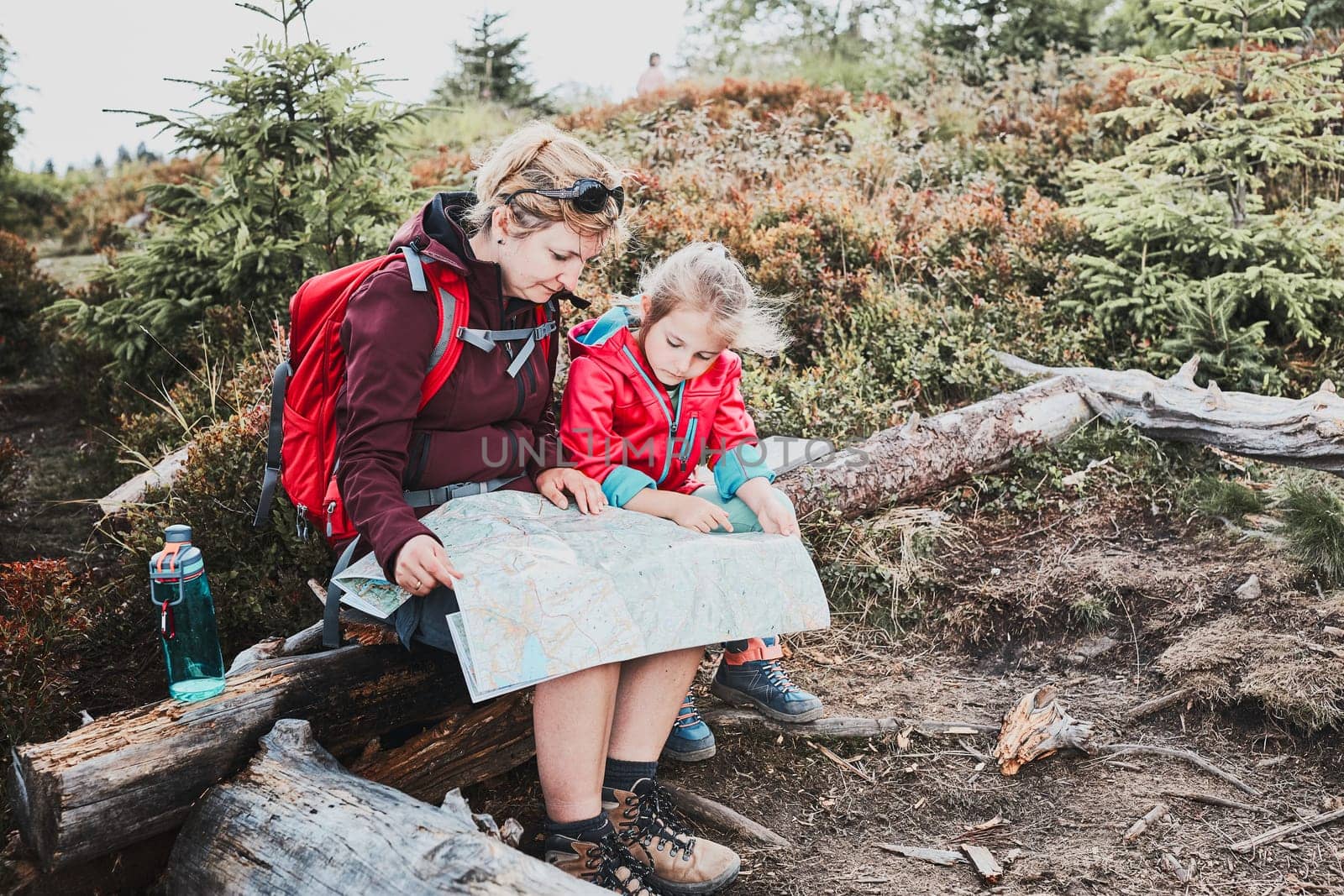 Family trip in mountains. Mother and her little daughter examining a map, sitting on stump, taking break during summer trip