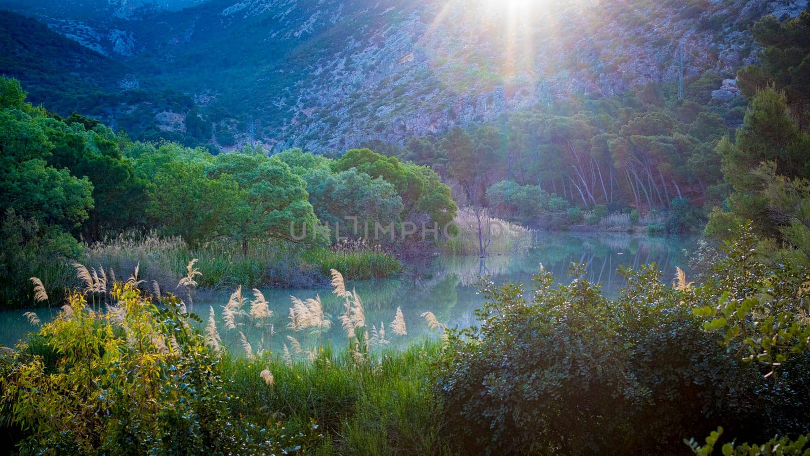 View on the nature and landscape of river Embalse de Gaitanejo on the hiking path Caminito Del Rey in Gobantes