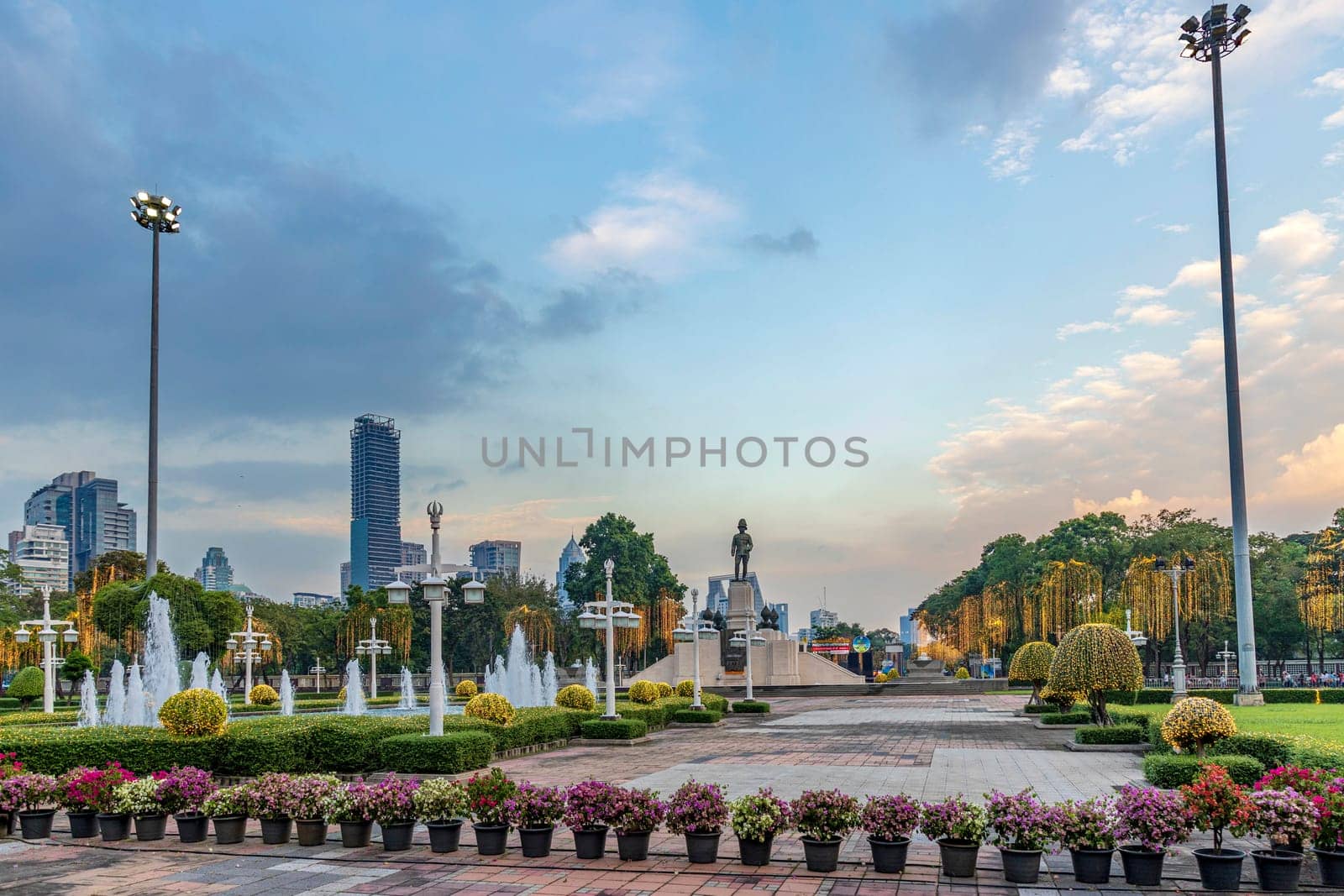 Bangkok, Thailand - Dec 8, 2022 : Monument of King Rama VI located in front of Lumpini Park. There are beautifully decorated with lights. Due to the annual Red Cross Fair held on December 8-18, 2022