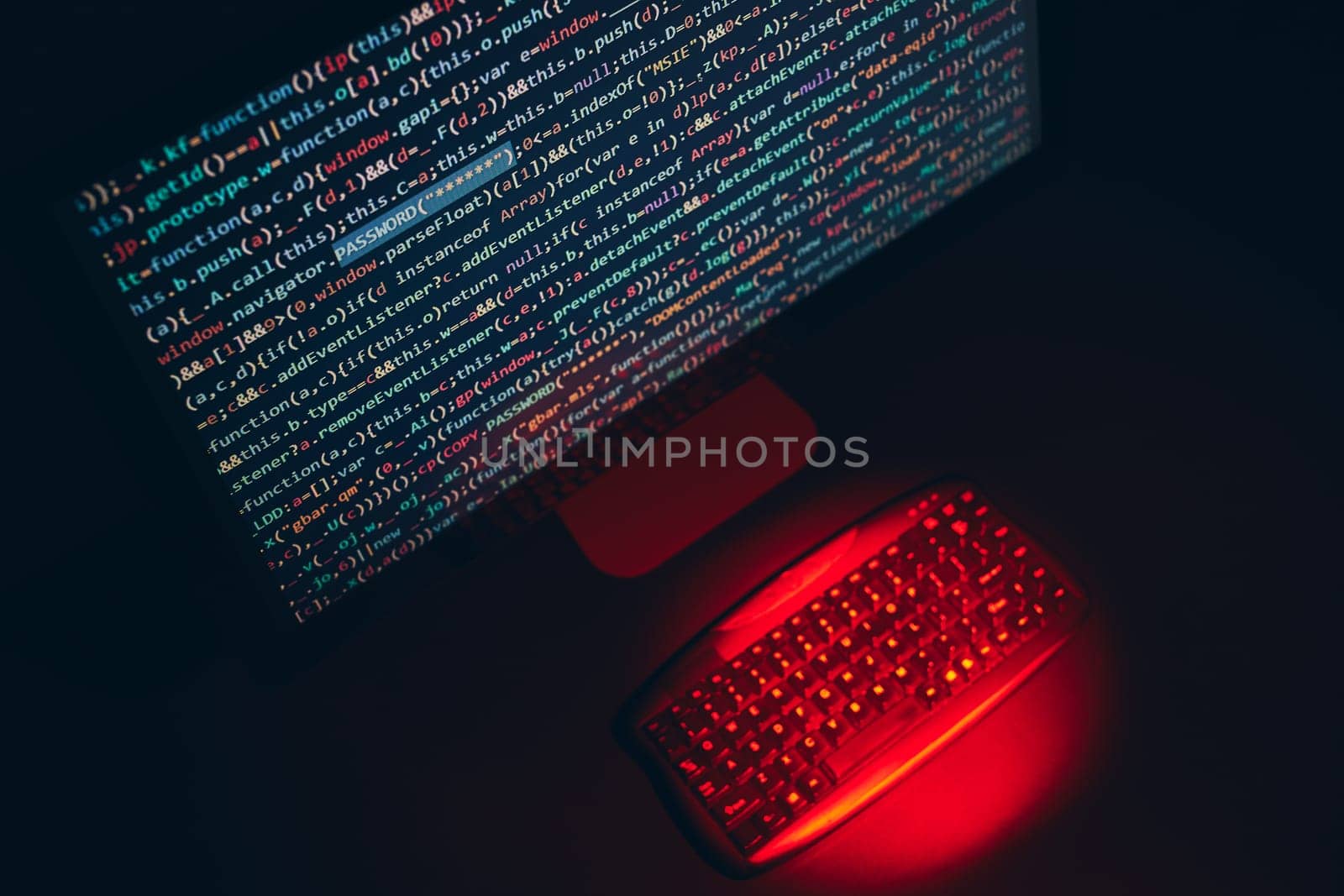 Cyber security. Program code on screen. Using computer and programming to break code. Cyber security threat. Internet and network security. Stealing private information. Person using technology to steal password and private data. Cyber attack