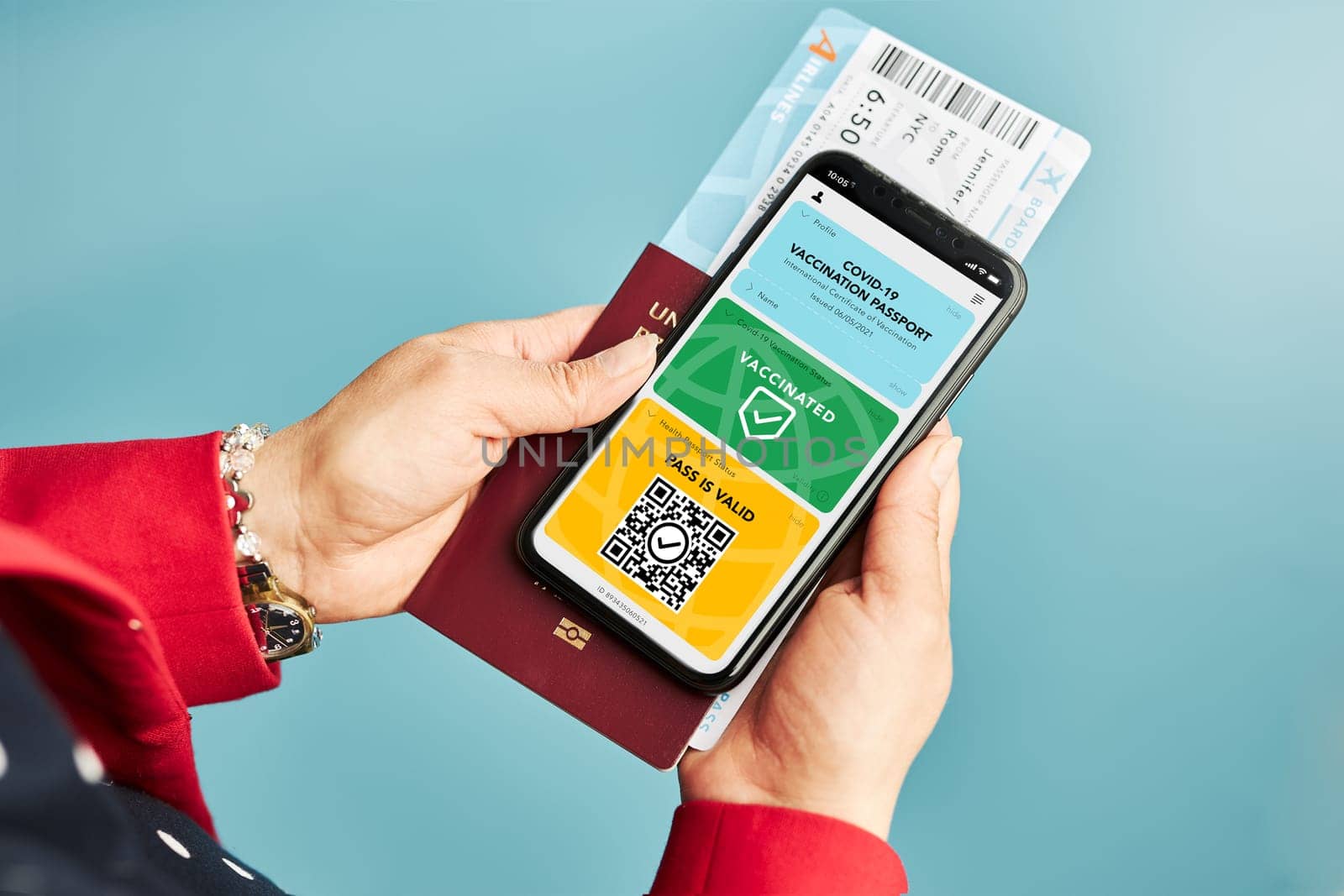 Digital covid certificate. Covid vaccination digital pass. Woman passenger holding digital medical pass on her mobile phone, passport and airplane ticket. Traveler showing digital covid test result as medical pass for travel during covid-19 pandemic