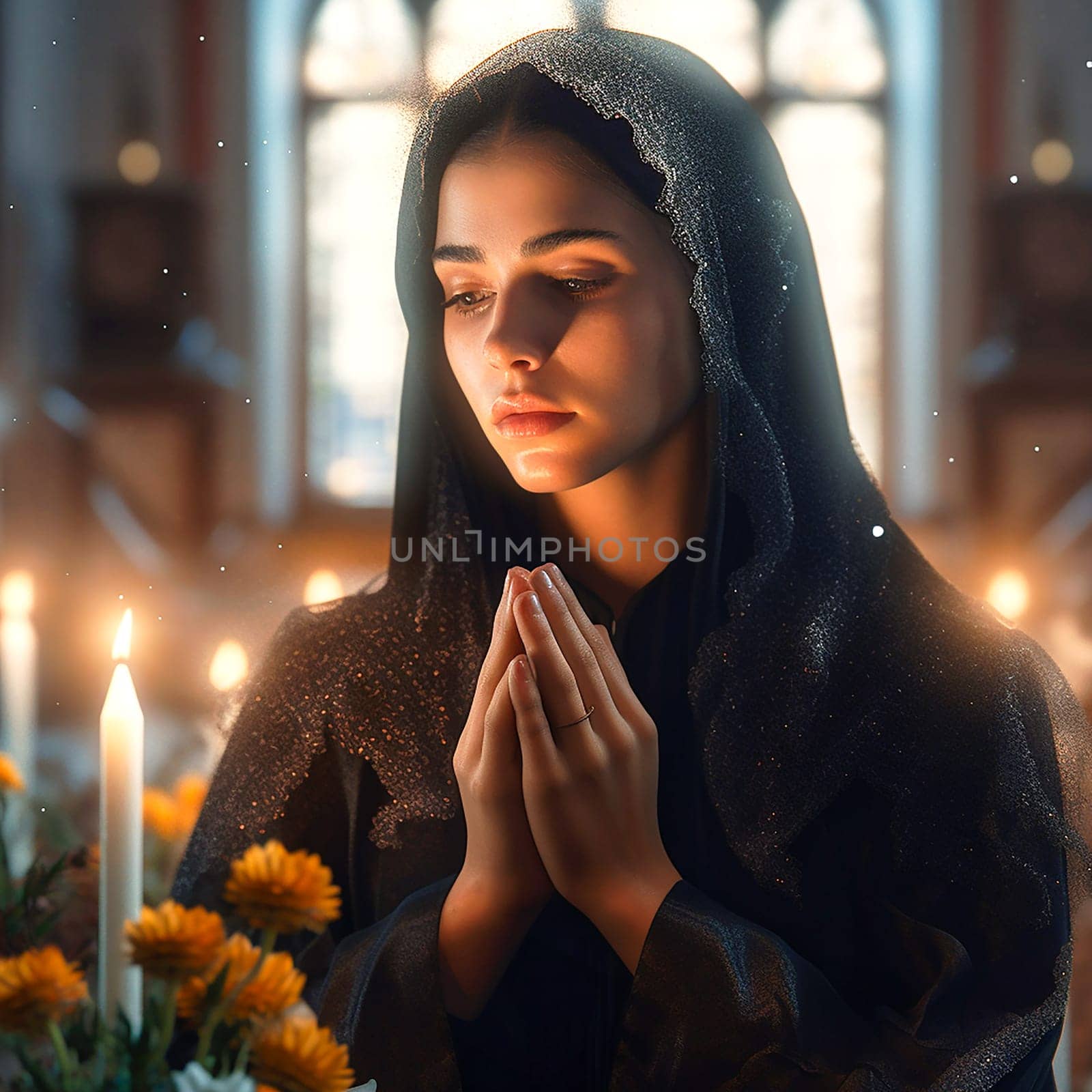 Woman praying at the alter, wearing a black dress. Ai generativ.