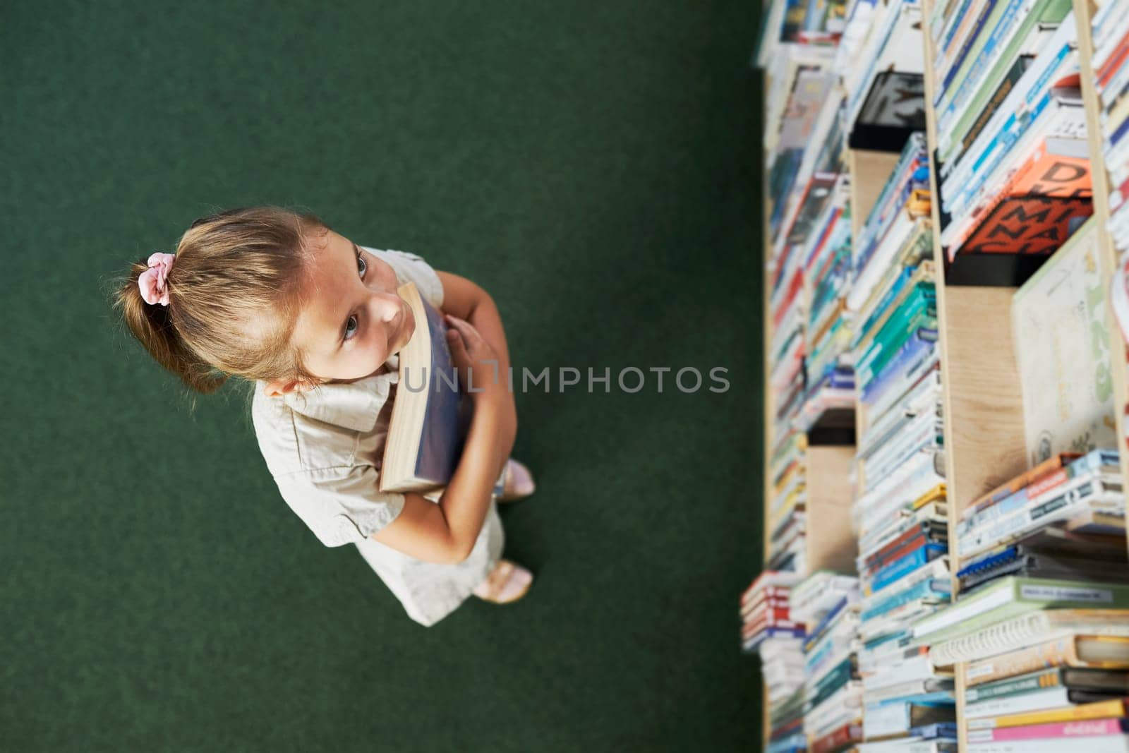 Sttudent looking at top bookshelf in school library. Smart girl selecting literature for reading. Books on shelves in bookstore. Learning from books. Back to school. Elementary education. Benefits of everyday reading. Curious child