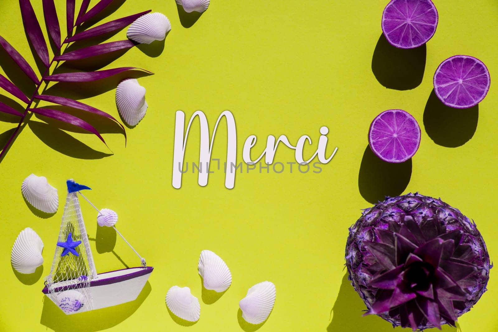 Flat Lay With French Text Merci Means Thank You. Yellow Background Wit Decoration Like Purple Pineapple, Shells, Boat And Lemons.