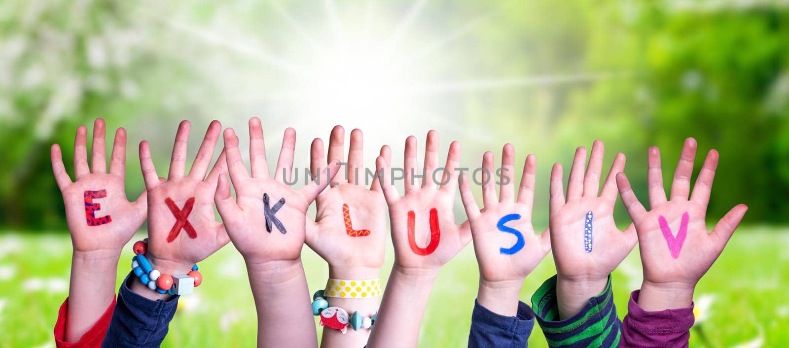 Children Hands Building Colorful German Word Exklusiv means Exclusive. Sunny Green Grass Meadow As Background.