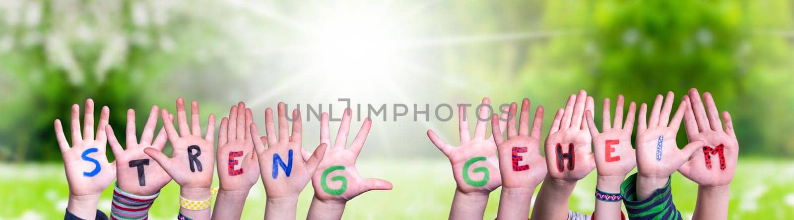 Children Hands Building Colorful German Word Streng Geheim Means Top Secret. Sunny Green Grass Meadow As Background.