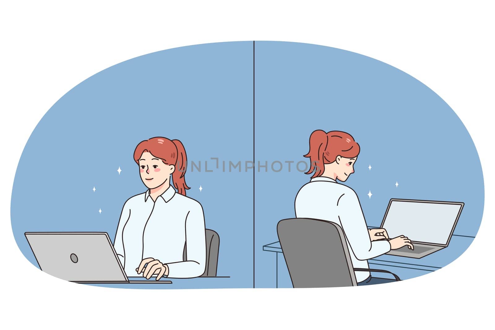 Smiling young female employee sit at desk work on computer. Woman worker use laptop for online job at workplace. Front and back view. Employment concept. Vector illustration.