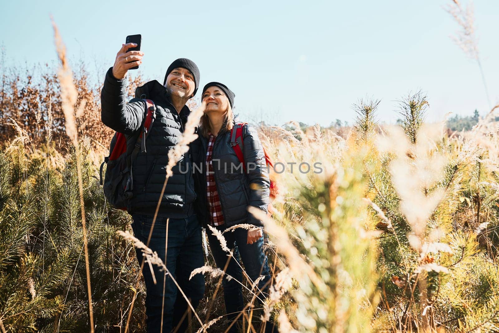 Hugging couple taking selfie while vacation trip. Hikers with backpacks on way to mountains. People walking through tall grass along path in meadow on sunny day. Active leisure time close to nature