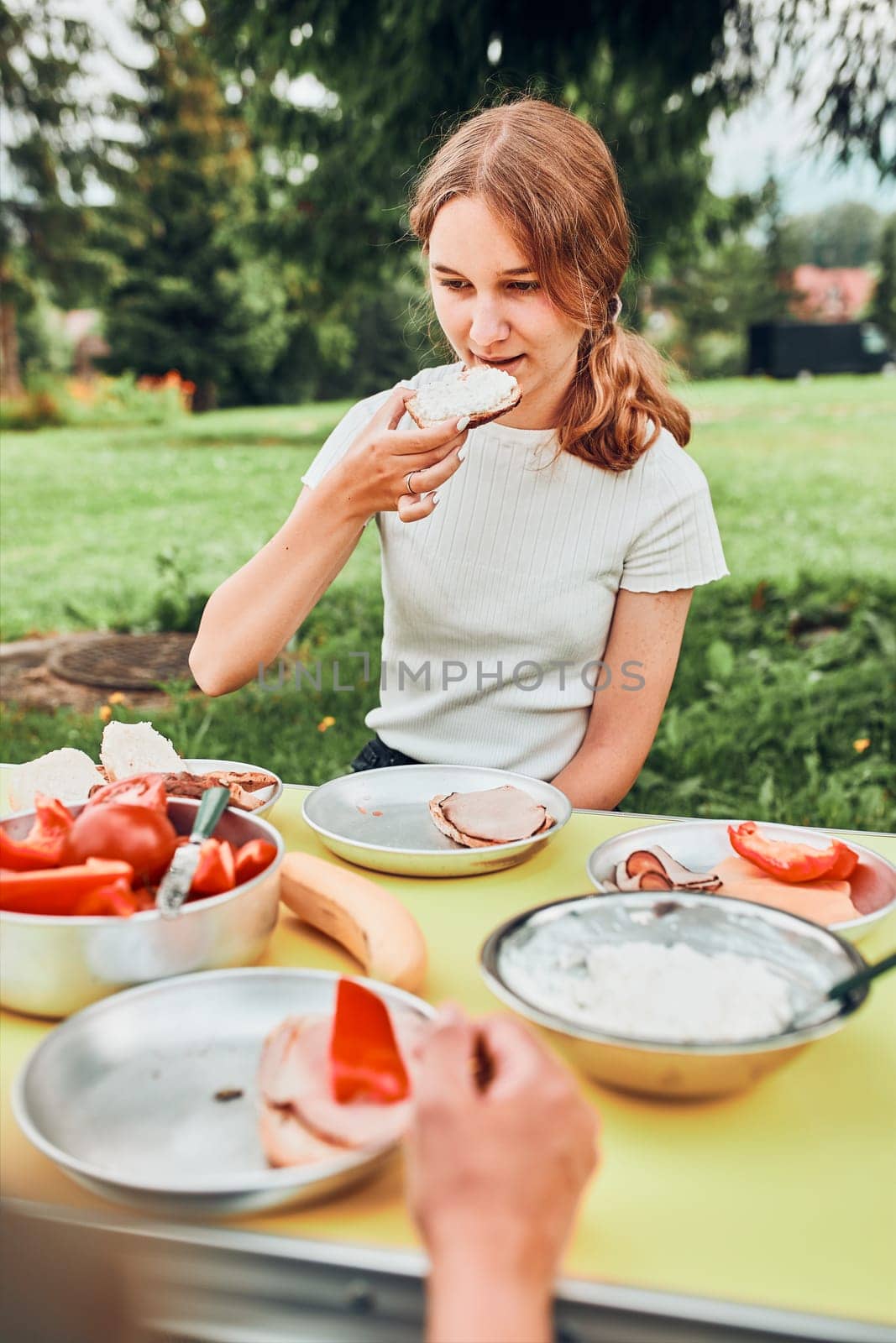 Family having breakfast outdoors on camping during summer vacation. Bread, cottage cheese, cold meat, tomatoes, fruits and coffee cups on table. Close up of outdoor table setting set on grass in the garden