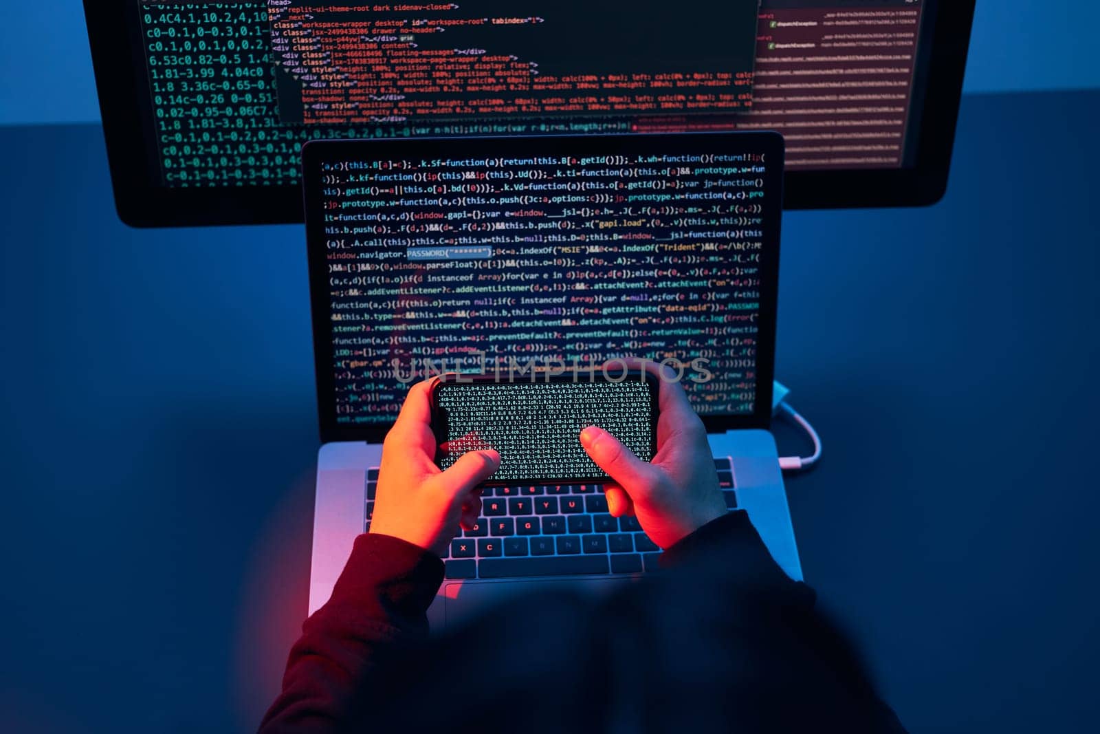 Man using computer and programming  to break code. Cyber security threat. Internet and network security. Stealing private information. Person using technology to steal password and private data. Cyber attack crime