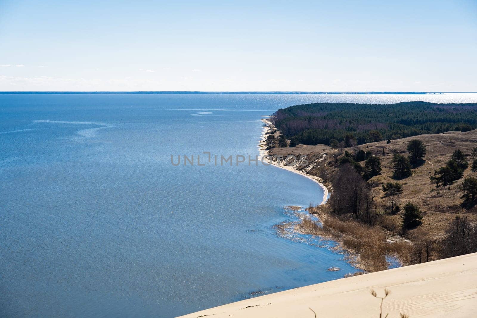 Baltic sea from Curonian Spit. The Gray Dunes, or the Dead Dunes is sandy hills with a bit of green specks at the Lithuanian side of the Curonian Spit.