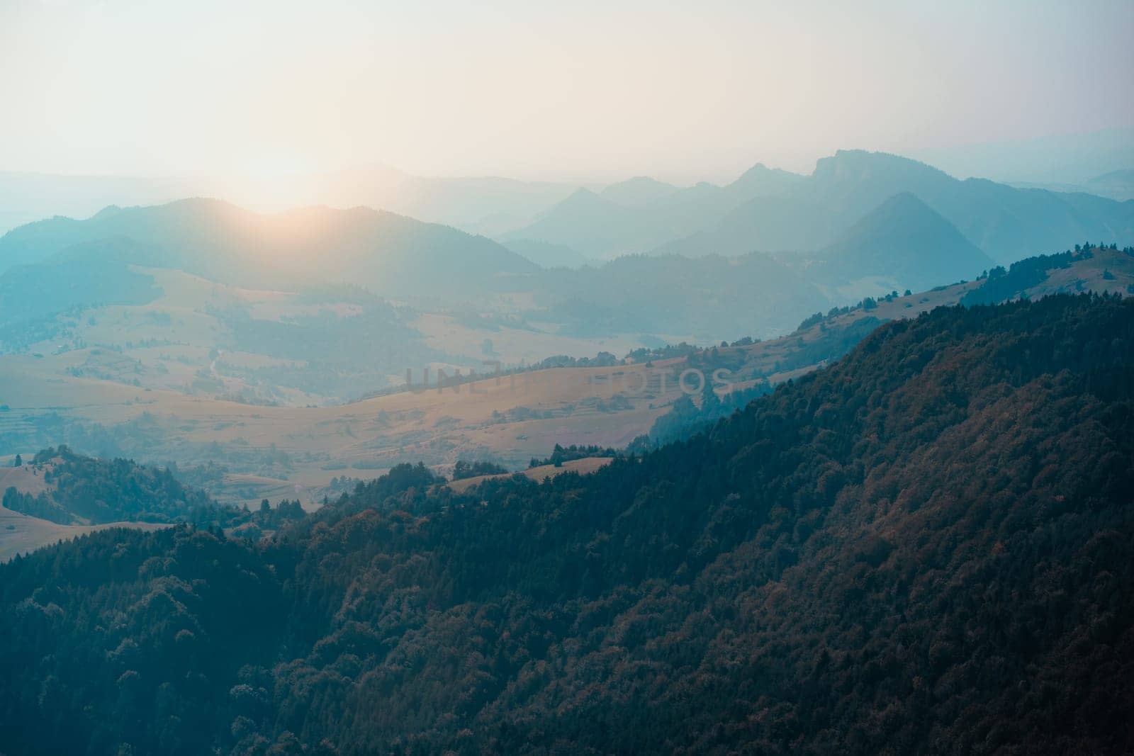 Mountain river valley landscape. Beautiful natural scenery before sunset. Dunajec river at the foot of Trzy Korony (Three Crowns) peak in the Pieniny Mountains