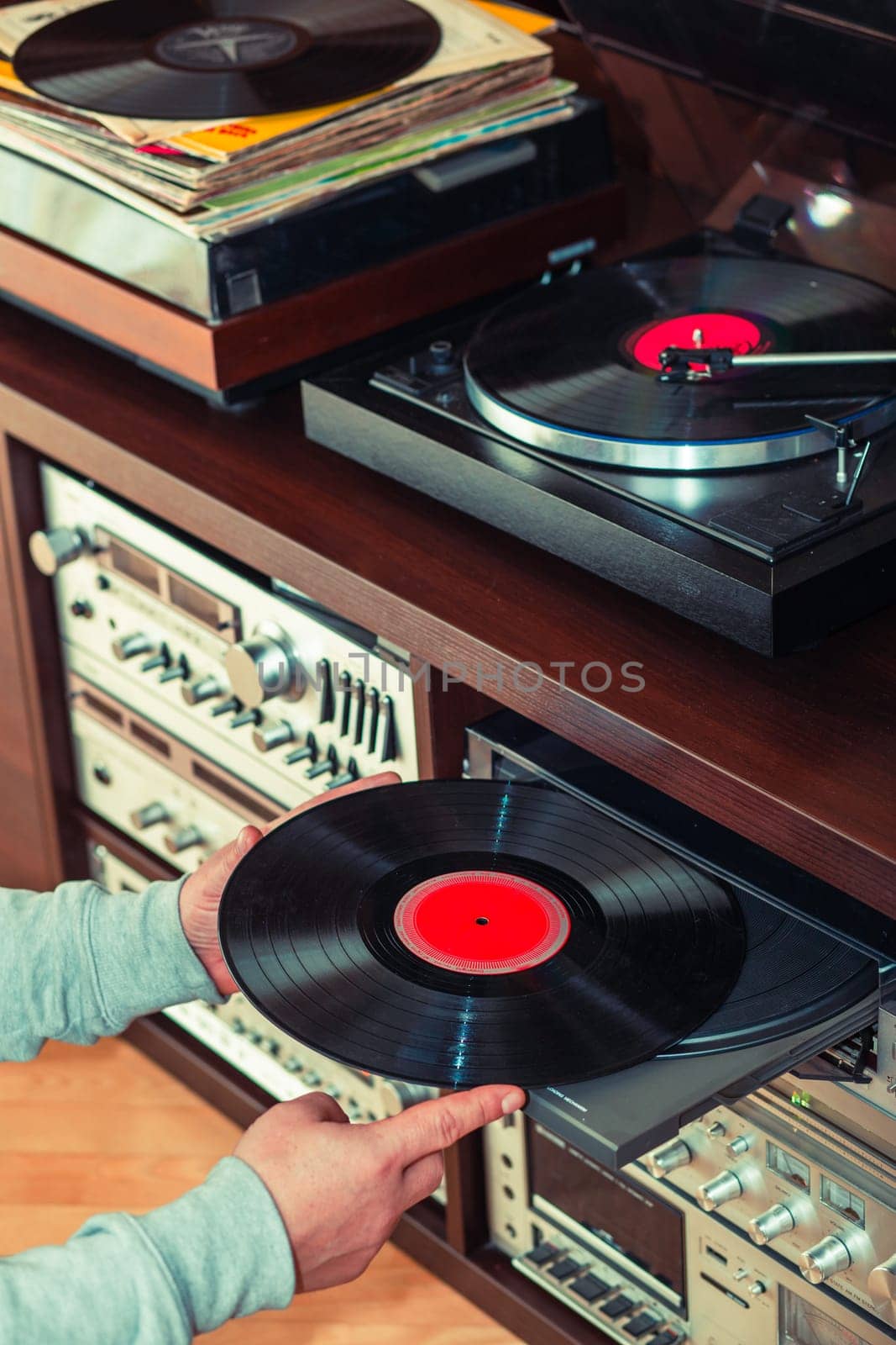 Set of audio equipment, record players, amplifiers, radio and vinyl records