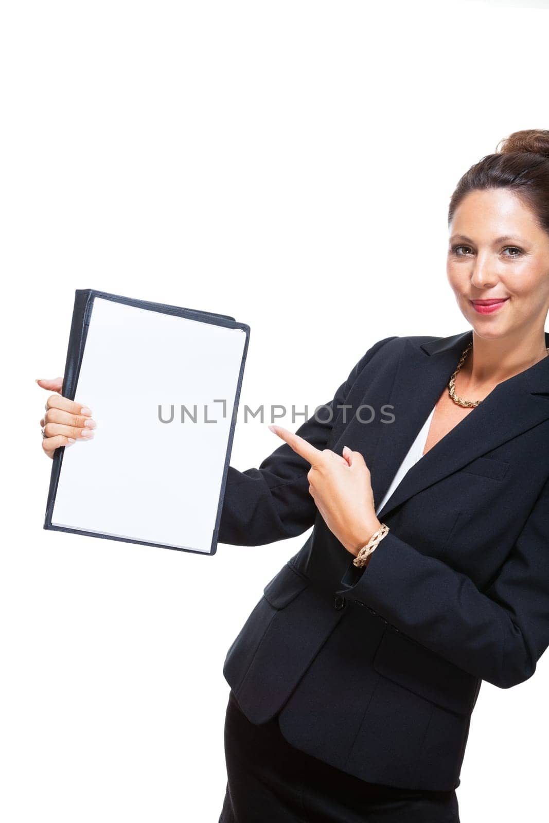 Successful businesswoman with clipboard with white paper text free space freeholder
