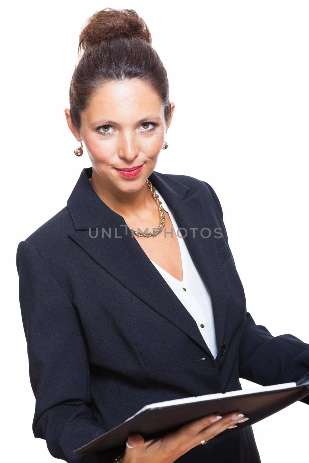 Businesswoman in portrait with portfolio in hand Isolated against a white background
