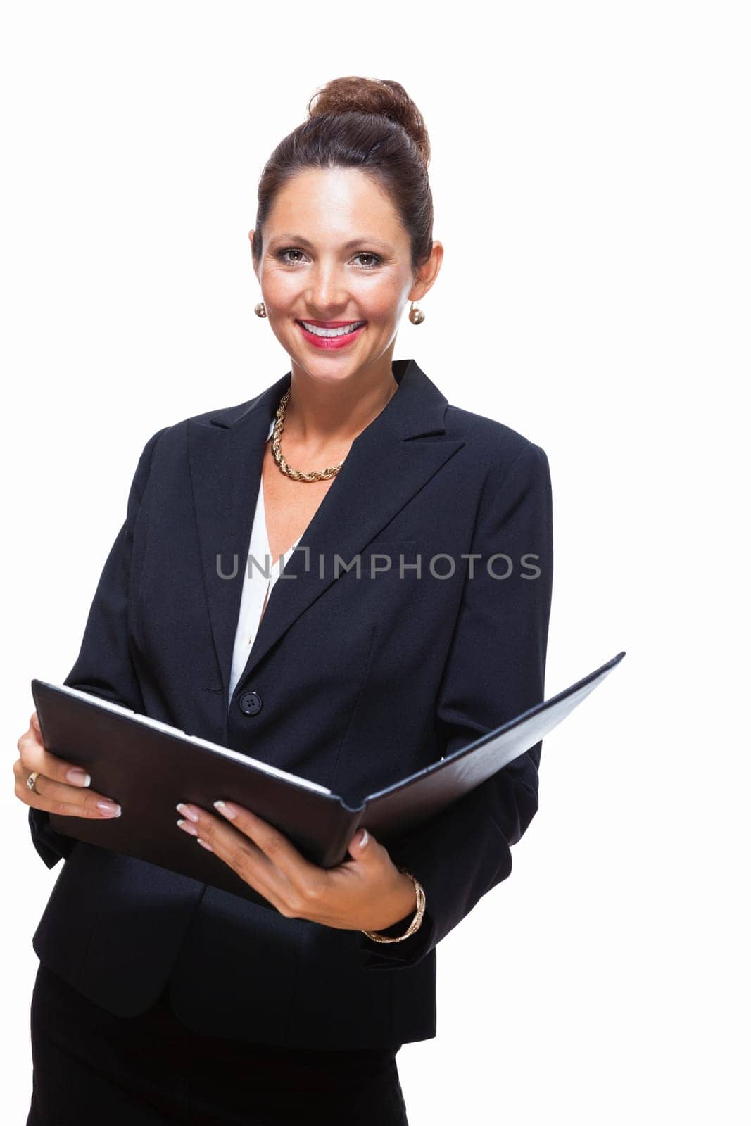 Businesswoman in portrait with portfolio in hand Isolated against a white background