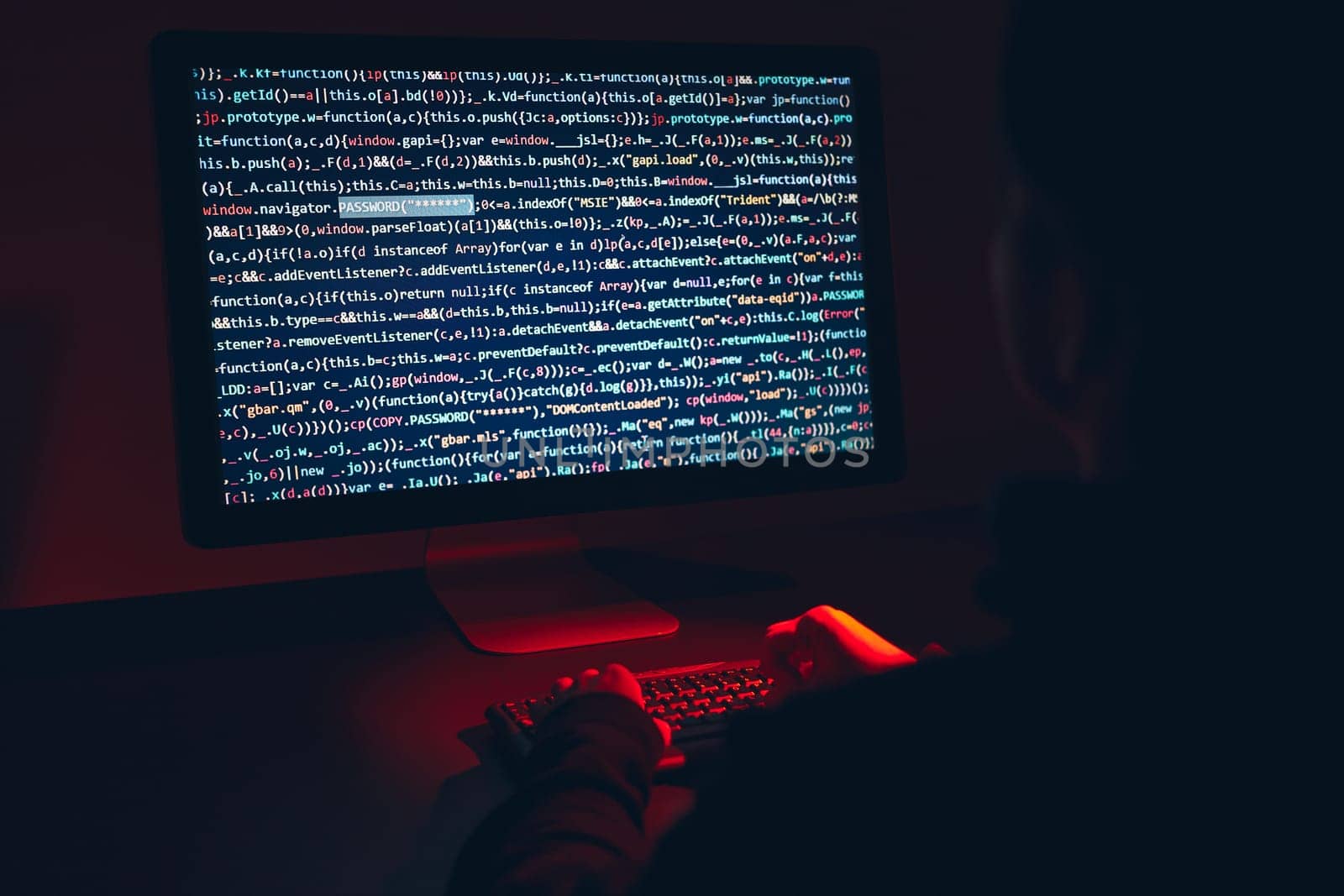 Man using computer and programming  to break code. Cyber security threat. Internet and network security. Stealing private information. Person using technology to steal password and private data. Cyber attack crime