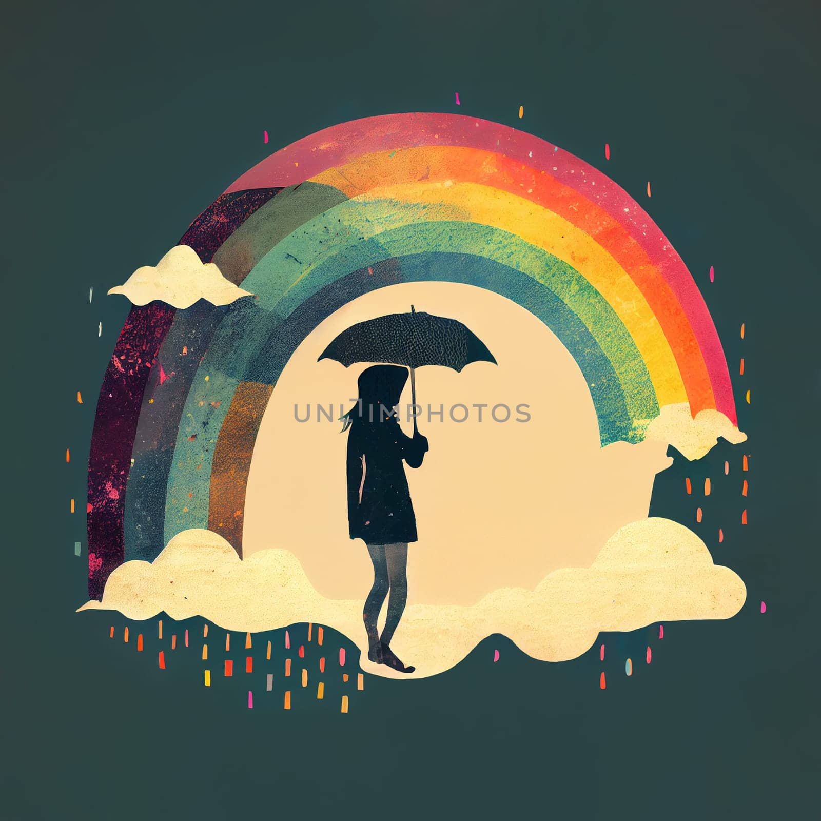 Woman with an umbrella in front of a rainbow, positive optimistic attitude, hope and emotion concept, generative AI