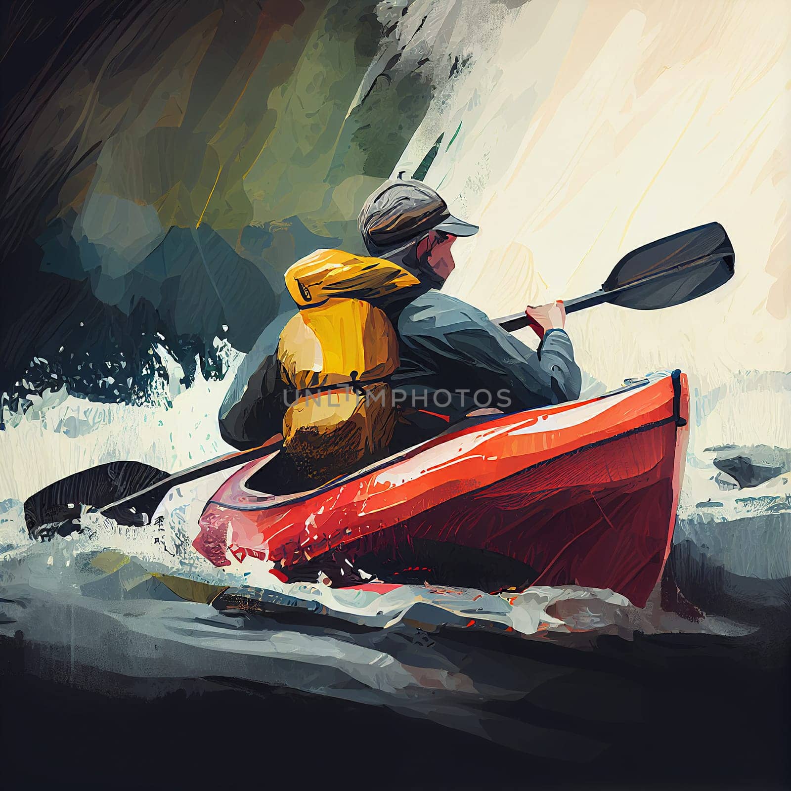 Man kayaking in whitewater surrounded by rocks and forest, adventure and active sport on the river, generative AI
