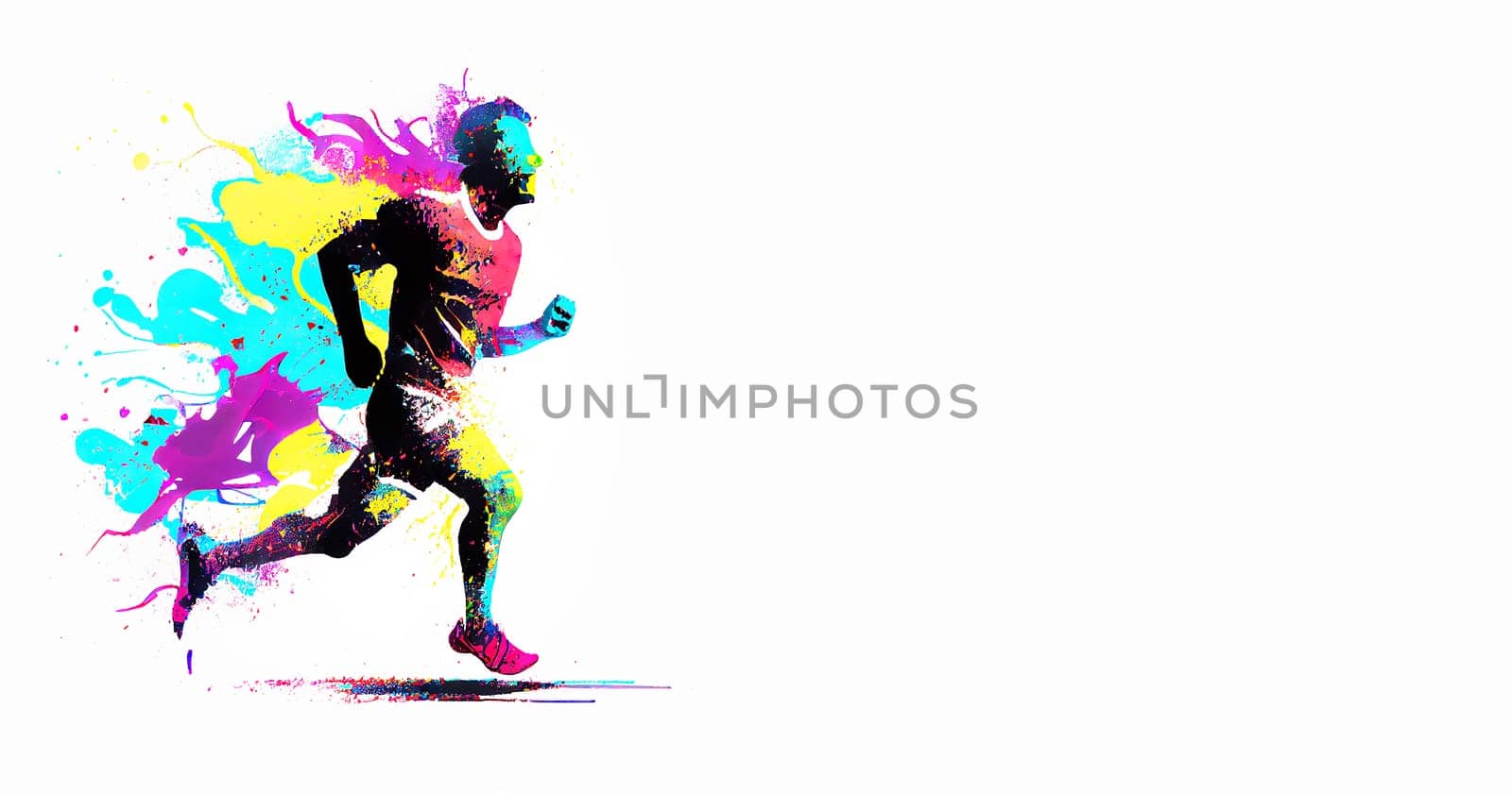Athlete with colorful splashes is running with high speed, fitness and sport concept, watercolors, generative AI