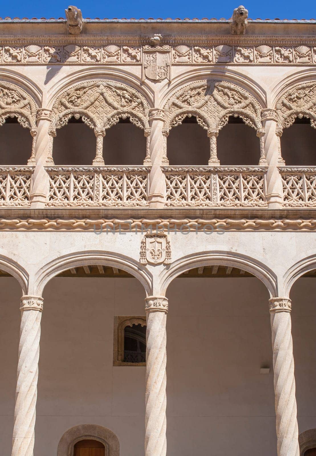 Valladolid, Spain - July 19th, 2020: Colegio de San Gregorio courtyard. Isabelline style building, Valladolid, Spain